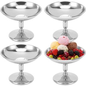 4Pcs Ice Cream Cup, 100ml Vintage Stainless Steel Serving Dessert Bowls Cups Sauce Bowls Mini Round Footed Yogurt Snack Candy Cups for Salad Fruit Pudding, 2.8in