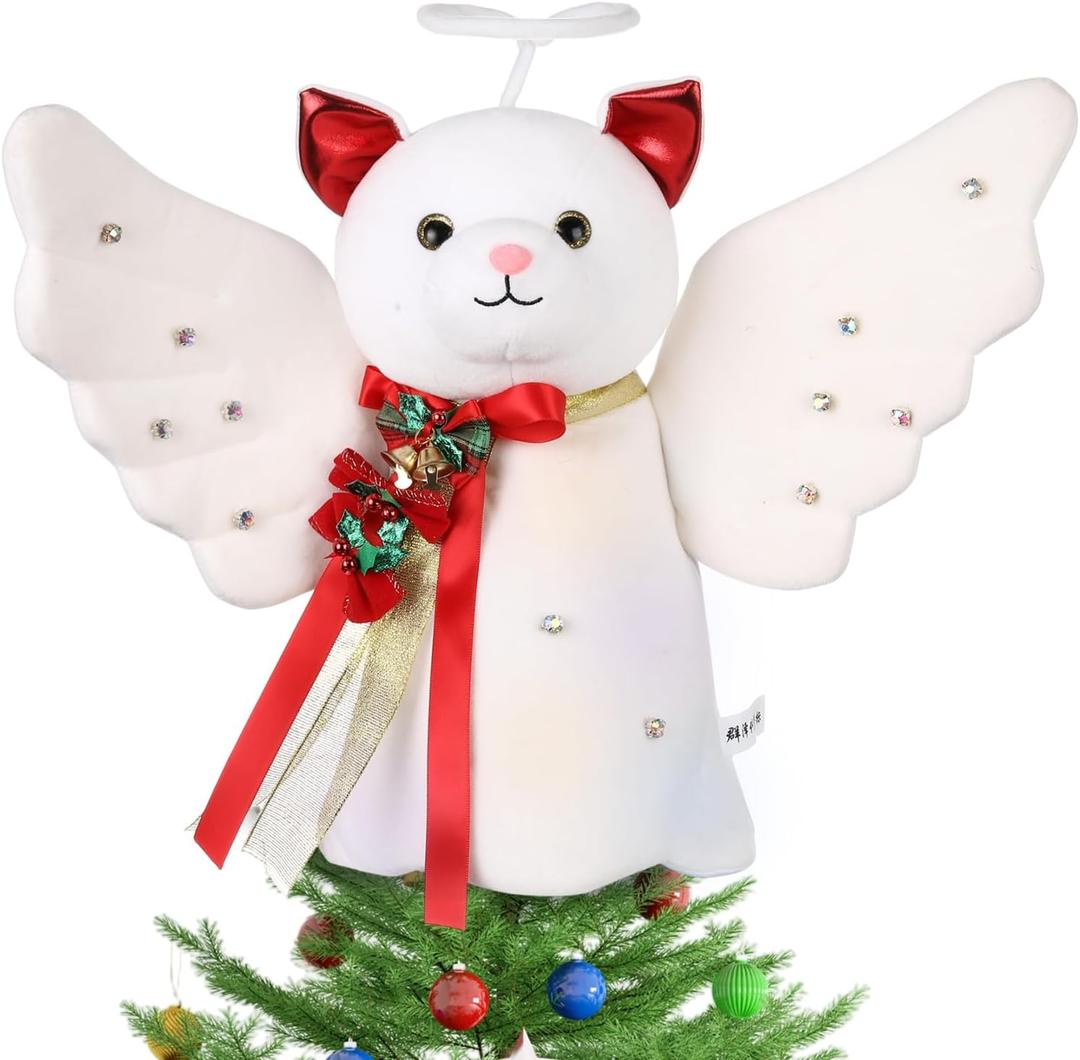 Christmas Tree Topper Decoration Lighted Animal Angel Tree Topper with Glitter Wings LED Lighted Ornament for Christmas Holiday Mantel Table Decor Home Decorations Supplies(Cat)