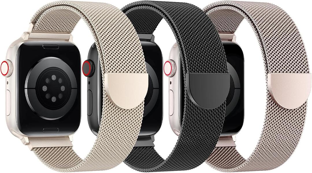 BELONGME 3 Pack Mesh Loop Compatible with Apple Watch Bands for Women Men 40mm 41mm 38mm 42mm 44mm 45mm 49mm 46mm Series 10 9 8 7 6 5 4 3 2 1 Ultra SE, Stainless Steel Metal Magnetic Strap for iWatch (Starlight+Black+Rose Gold)