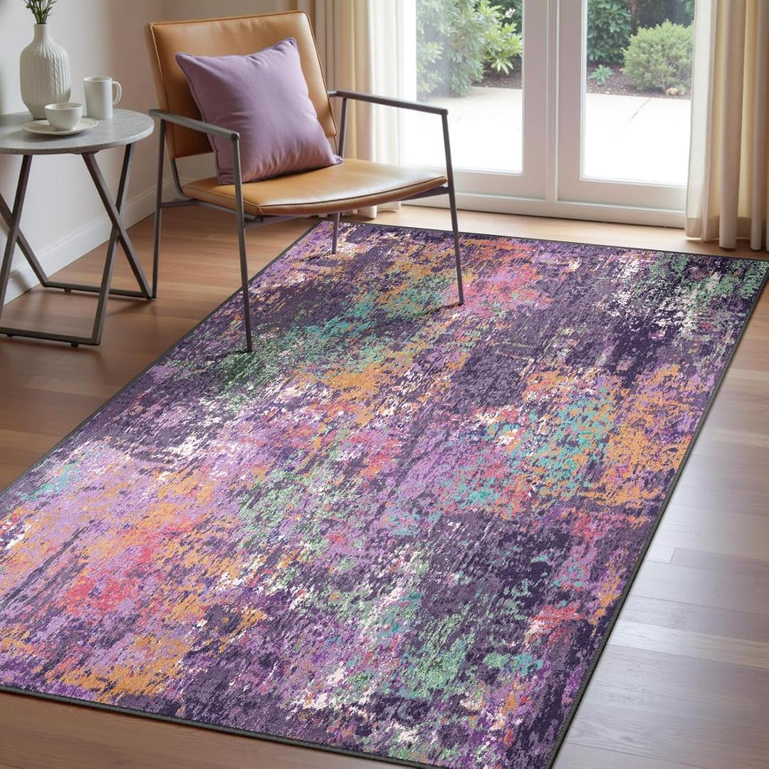Washable Area Rugs 3'x5' Non-Slip Modern Abstract Soft for Living Room Entryway Bedroom Nursery, Print Pattern, Purple Orange Blue Green Rust Red Colorful