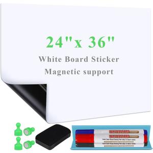 White Board Sticker Adhesive Backing, 24" x 36" Magnetic Dry Erase Board Contact Paper Stick on Wall, Whiteboard Sheet for Teacher Kids Classroom, Include Markers, Eraser with Magnet