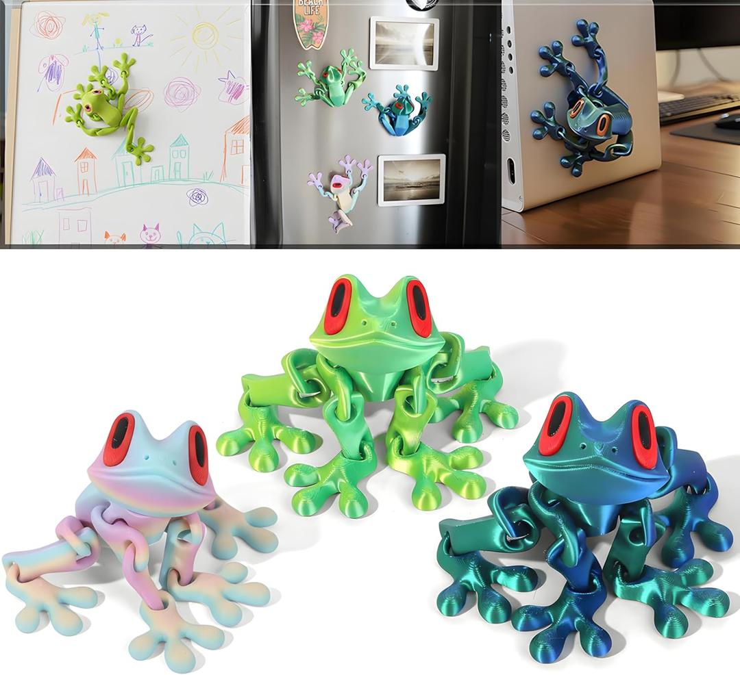 3D Printed Magnetic Frog Set of 3  Poseable Articulated Fridge Magnets with Magnet Feet for Refrigerator, Locker & Whiteboard; Cute Funny Home Office Kitchen Decor, Animal Magnets