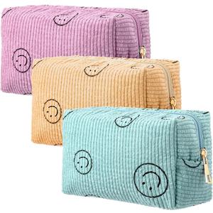 Photect 3 Pcs Corduroy Cosmetic Bag Smile Face Aesthetic Preppy Pencil Pouch Purse Travel Beauty Makeup Bags for School Christmas Women Holiday Organizer Gifts(Classic,Pink, Yellow, Green)