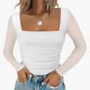 Chunpin Women's Square Neck Bodysuit Ruched Top Mesh Long Sleeve Bodysuits Thong Body Suits Leotard Shirt Going Out M