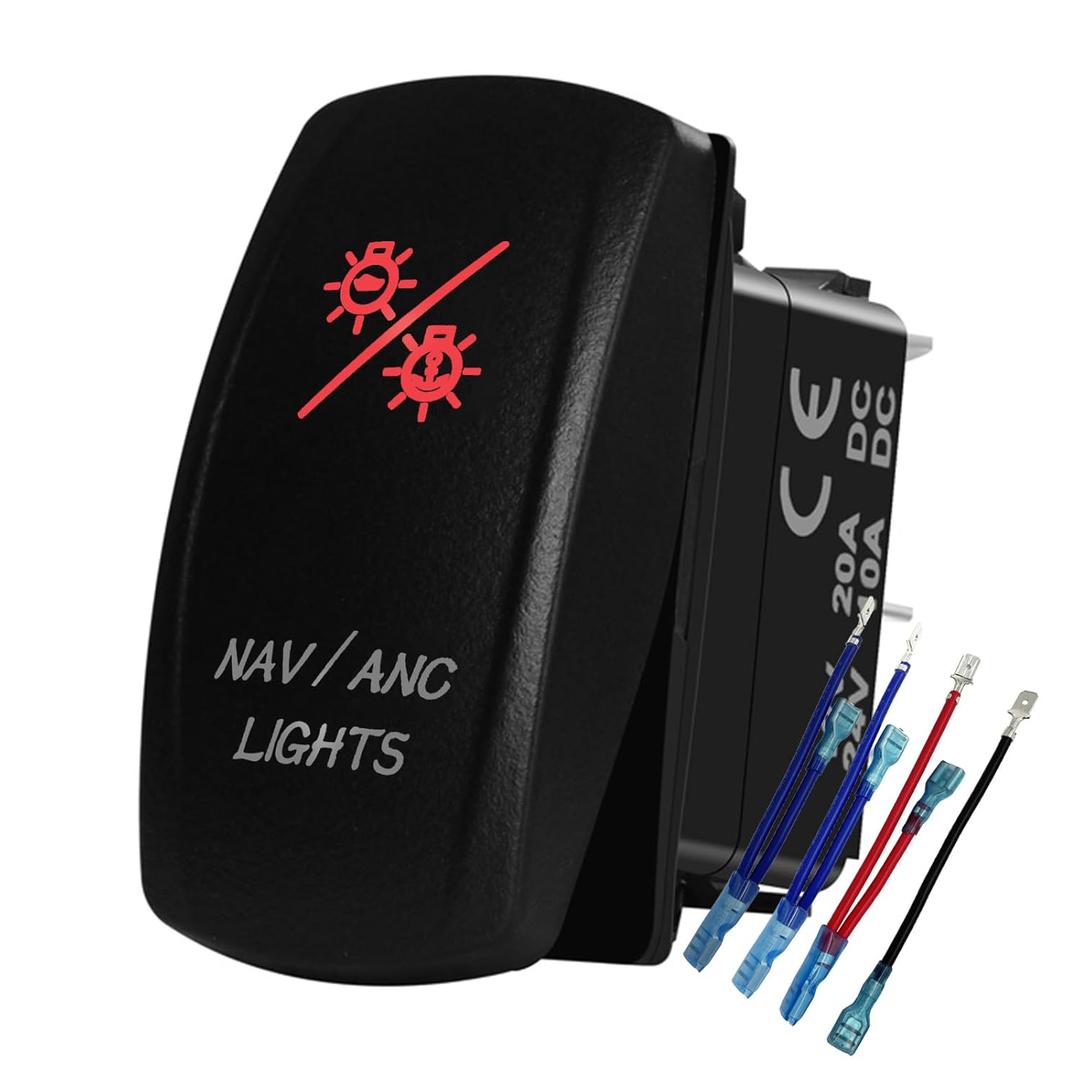 12V RED Led Boat Nav/ANC Lights Rocker Switch with Wires 7 PIN ON-Off-ON Waterproof DPDT Navigation/Anchor Lights Switch for Marine Boat Ship Vessel IP66