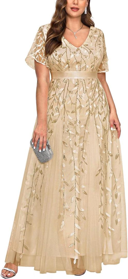 Pinup Fashion Plus Size Formal Dresses - Evening Gowns Wedding Sequin Embroidery V-Neck Prom Long Dress, Size: 18W