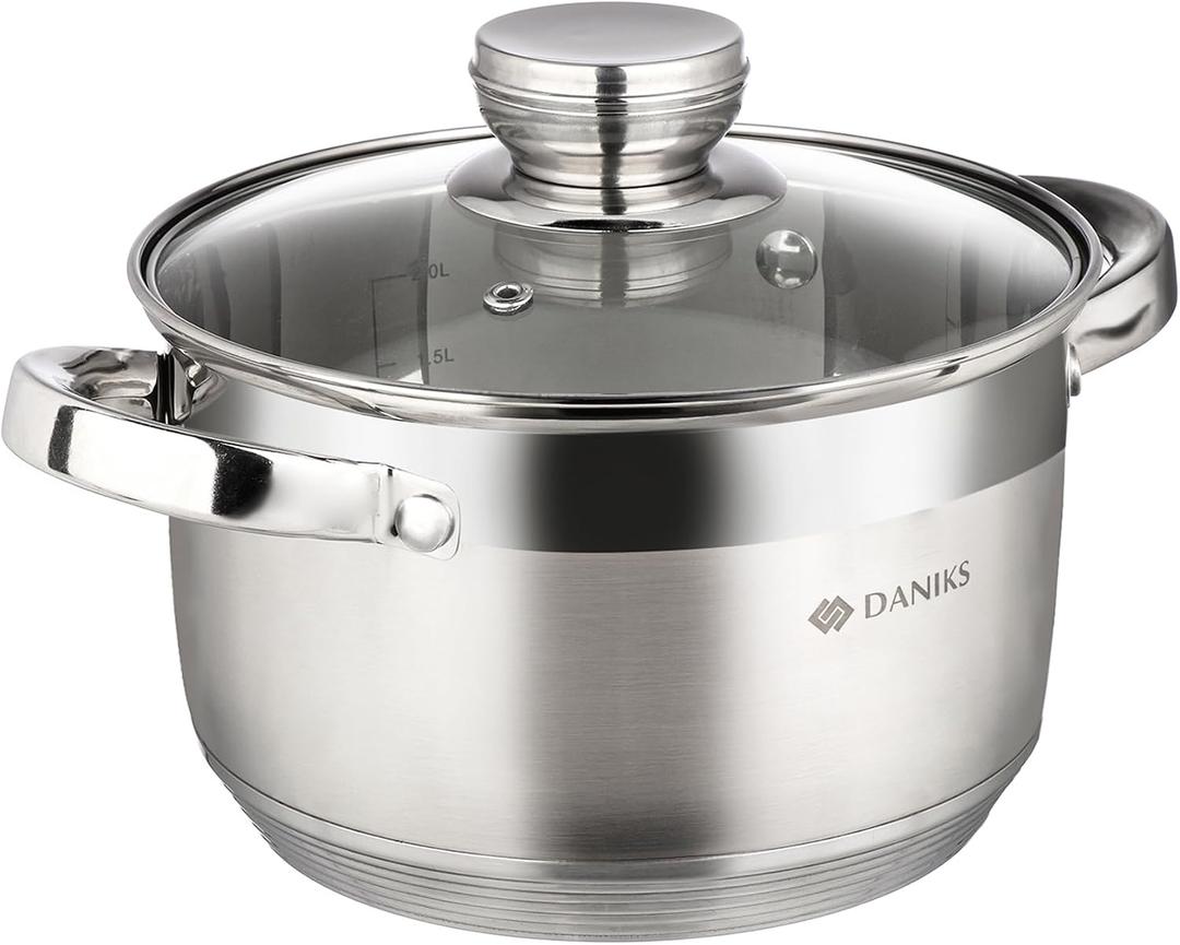 Daniks Standard 3 Quart Stainless Steel Stock Pot with Glass Lid, Tri-Ply Bottom for Even Heating, Induction Compatible, Dishwasher Safe, Built-In Measuring Scale, Silver