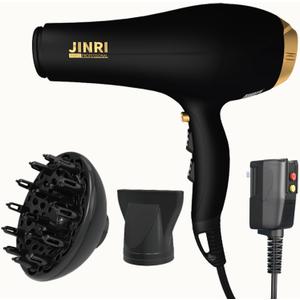 Blow Dryer - JINRI 2000W Diffuser Hair Dryer for Salon & Personal Use  Powerful, Fast Drying with Diffuser & Nozzle for Women & Men, ALCI Safety Plug, Black