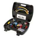 UPGRATED Version 4 Way A/C Manifold Gauge Set Fits R134A R410A R404A R22 Refrigerants with 5FT Hose, 3 Acme Tank Adapters, Adjustable Couplers and Can Tap