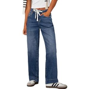 Sidefeel Women's Wide Leg Jeans High Waisted Stretchy Straight Leg Baggy Drawstring Zimbaplatinum Denim Pants 12