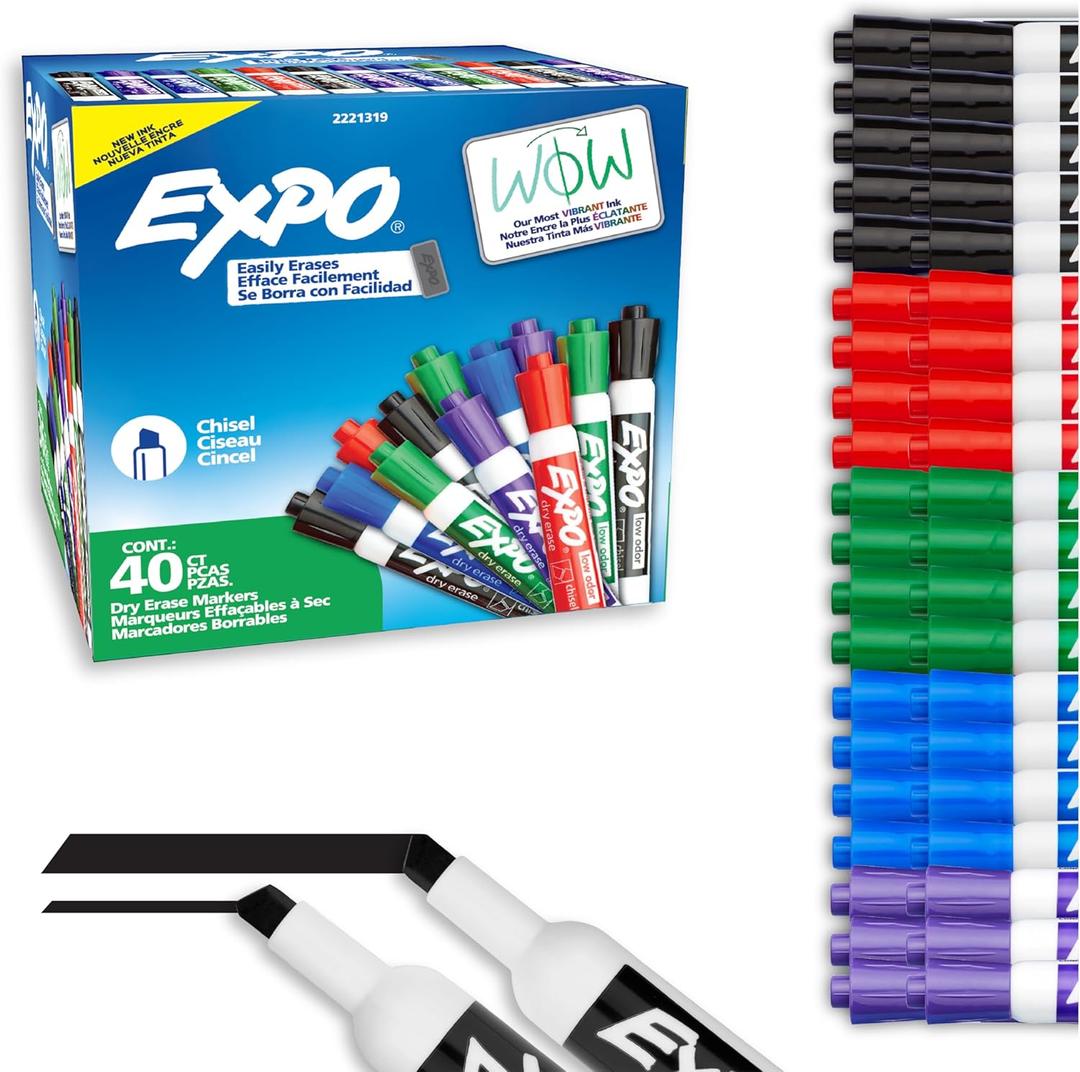 EXPO Dry Erase Markers, Low Odor Ink, Chisel Tip, 40 Count - Whiteboard, Calendar, Organization, Essential Supplies for Office, School, Classroom, Teachers