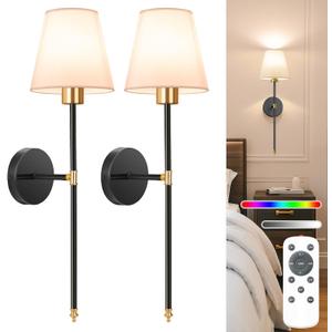 NIORSUN Battery Operated Wall Sconce Set of 2, Gold-Black Rechargeable Wall Lights with 5200mAh Dimmable Bulbs and Remote, 9 Colors Wireless Wall Lamps for Bedroom Living Room Hallway Decor