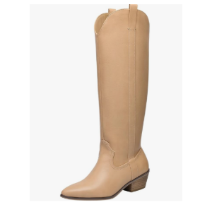 festooning Women's Knee High Boots Pointed Toe Inner Zipper Western Cowboy Boots Pull On Chunky Heel Wide Calf Tall Boots for Ladies Size 9.5