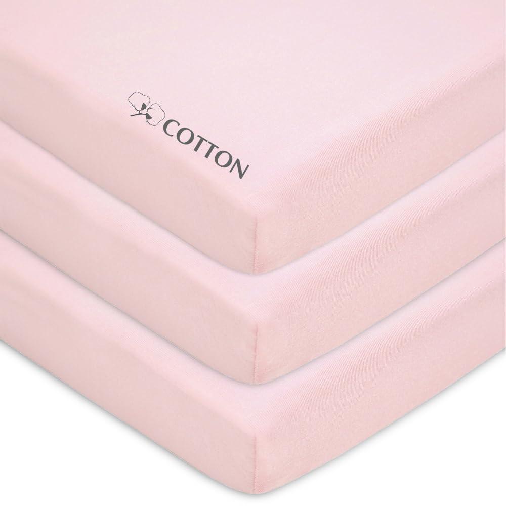 American Baby Company 3 Pack 100% Natural Cotton Fitted Mini Crib Sheets 38" x 24" - Soft & Breathable Small Nesting Portable Sheets, Fits Pack N Play Mattresses, Pink, for Boys & Girls