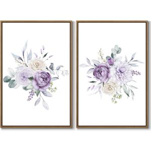 Set of 2 Watercolor Floral Wall Art Purple Blossom Peony Canvas Art Prints Nature Flower Botanical Wall Decor Framed and Ready to Hang for Living Room Bedroom Bathroom Home Wall Decoration, 16x24 Inch