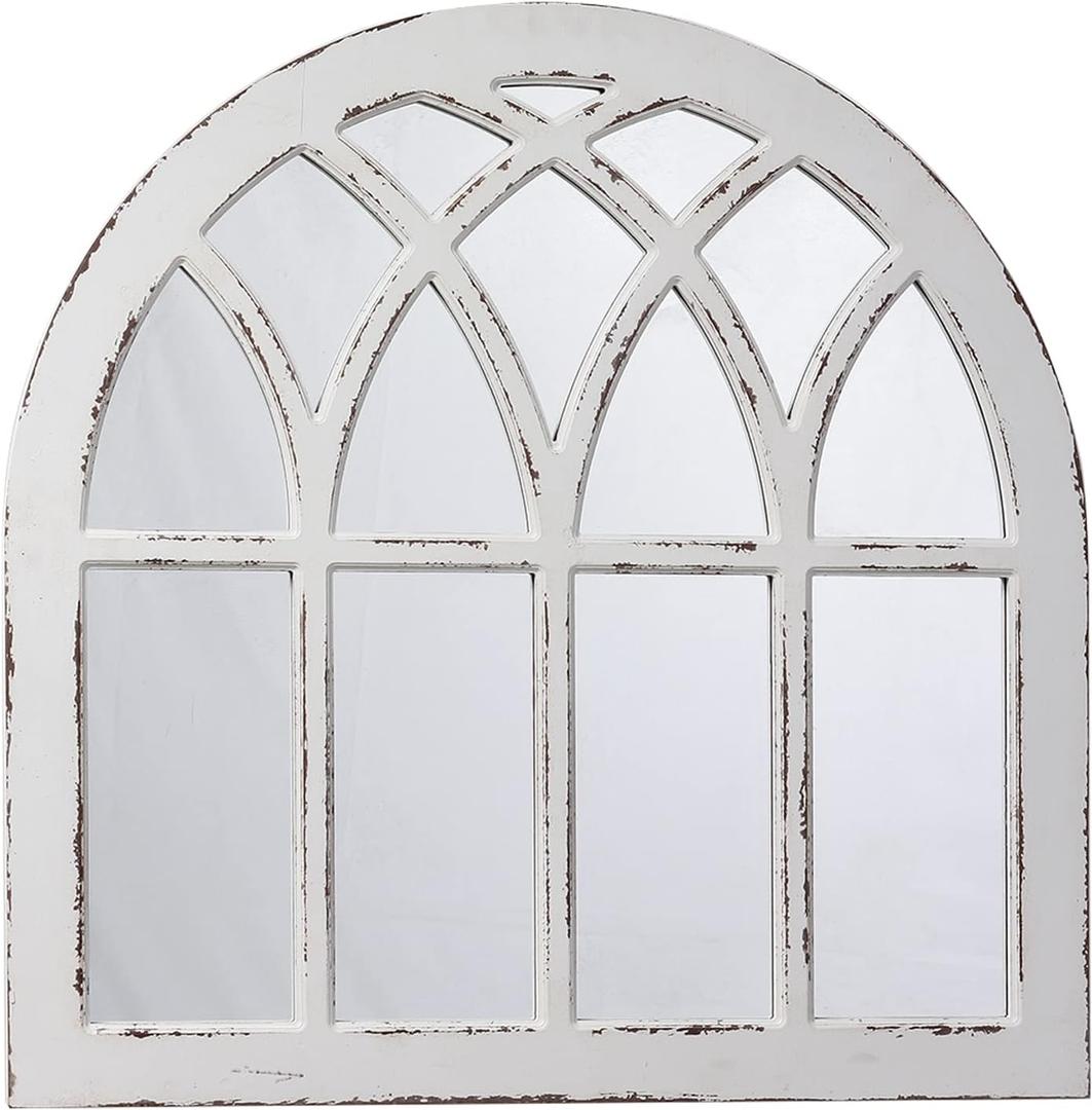 Vintage White Arched Window Mirrors for Wall Decor 29.5", Rustic Distressed Hanging Wood Framed Window Pane Mirror Wall Decor for Living Room Bedroom Mantel Fireplace Entryway Decorative
