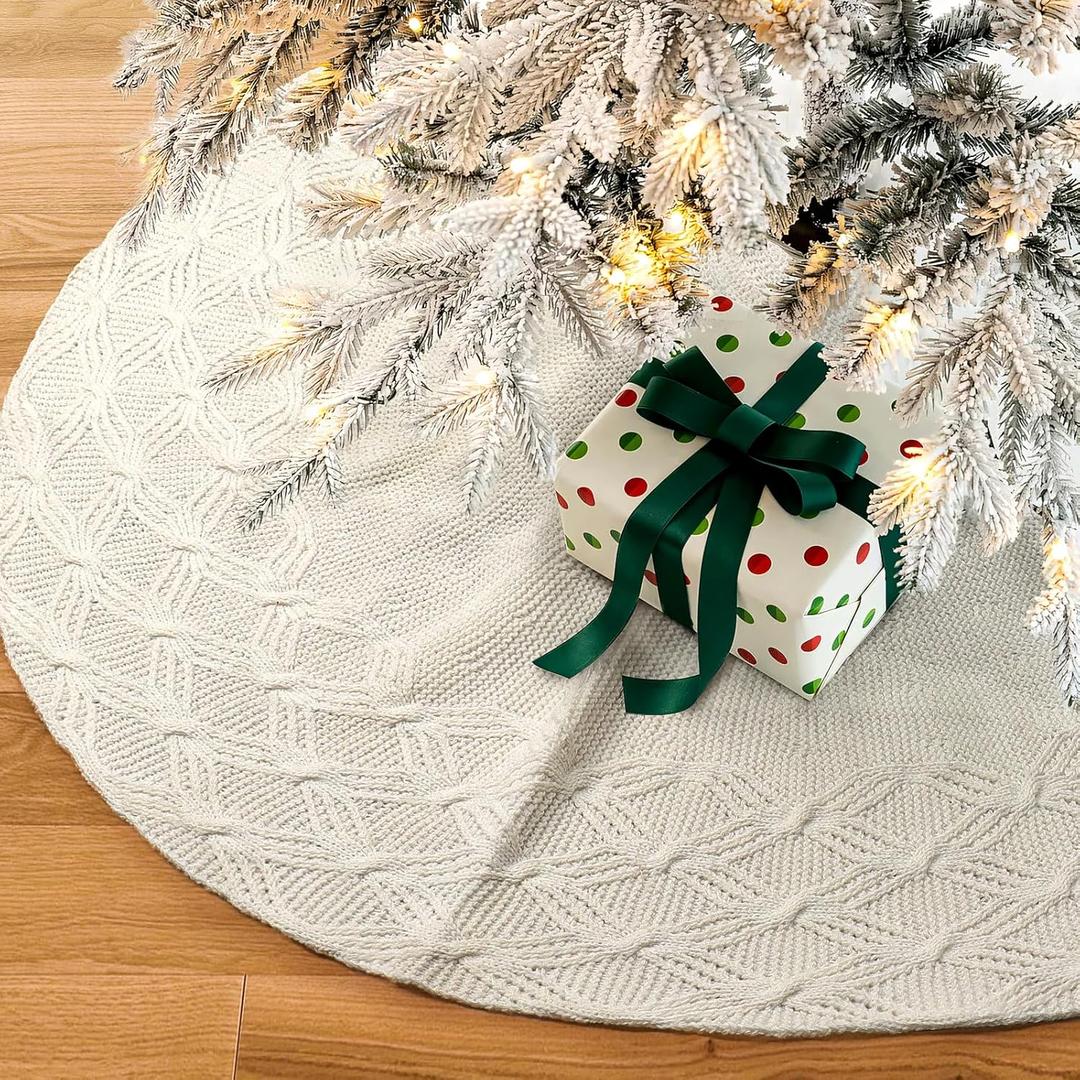S-DEAL Knitted Christmas Tree Skirt, White 32 Inches Thick Rustic Tree Skirt for Xmas Decoration