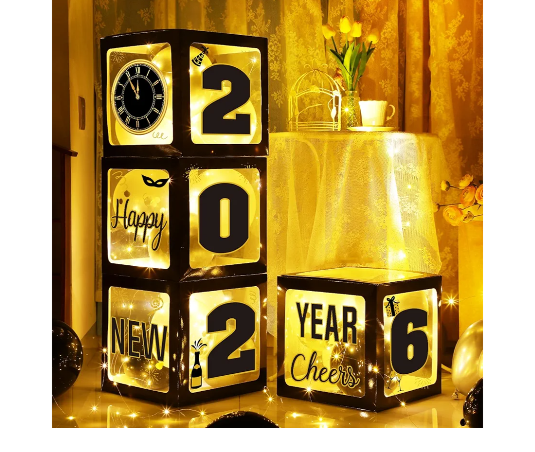 54Pcs Happy New Year Party Decorations 2026 Includes Black and Gold White Balloons 4Pcs Boxes Letters Numbers for New Years Eve Night Birthday Party Supplies