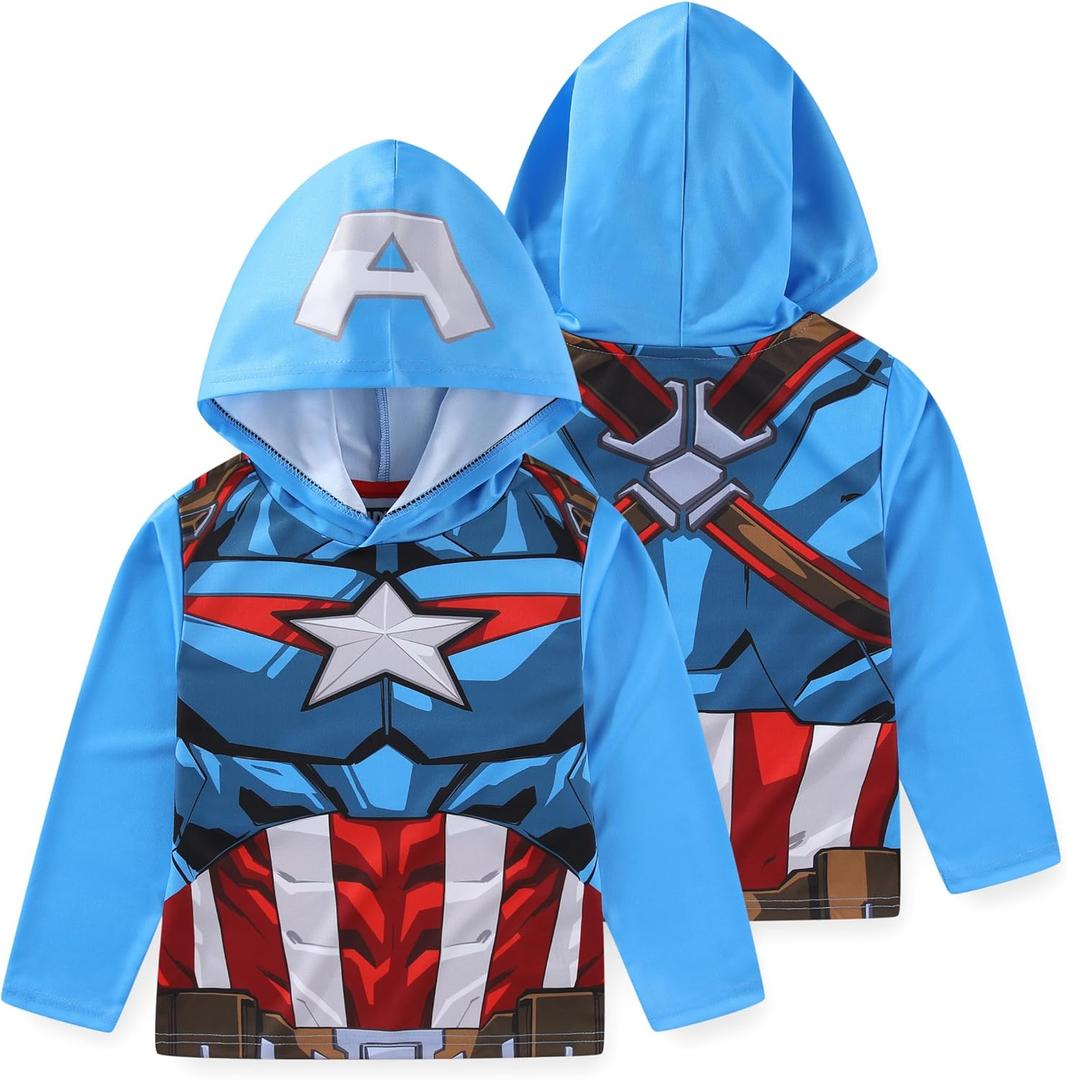 Marvel Avengers Iron Man Captain America Spider-Man Miles Morales Venom Boys Long Sleeve Hooded Shirt for Big Kids (5, Blue)