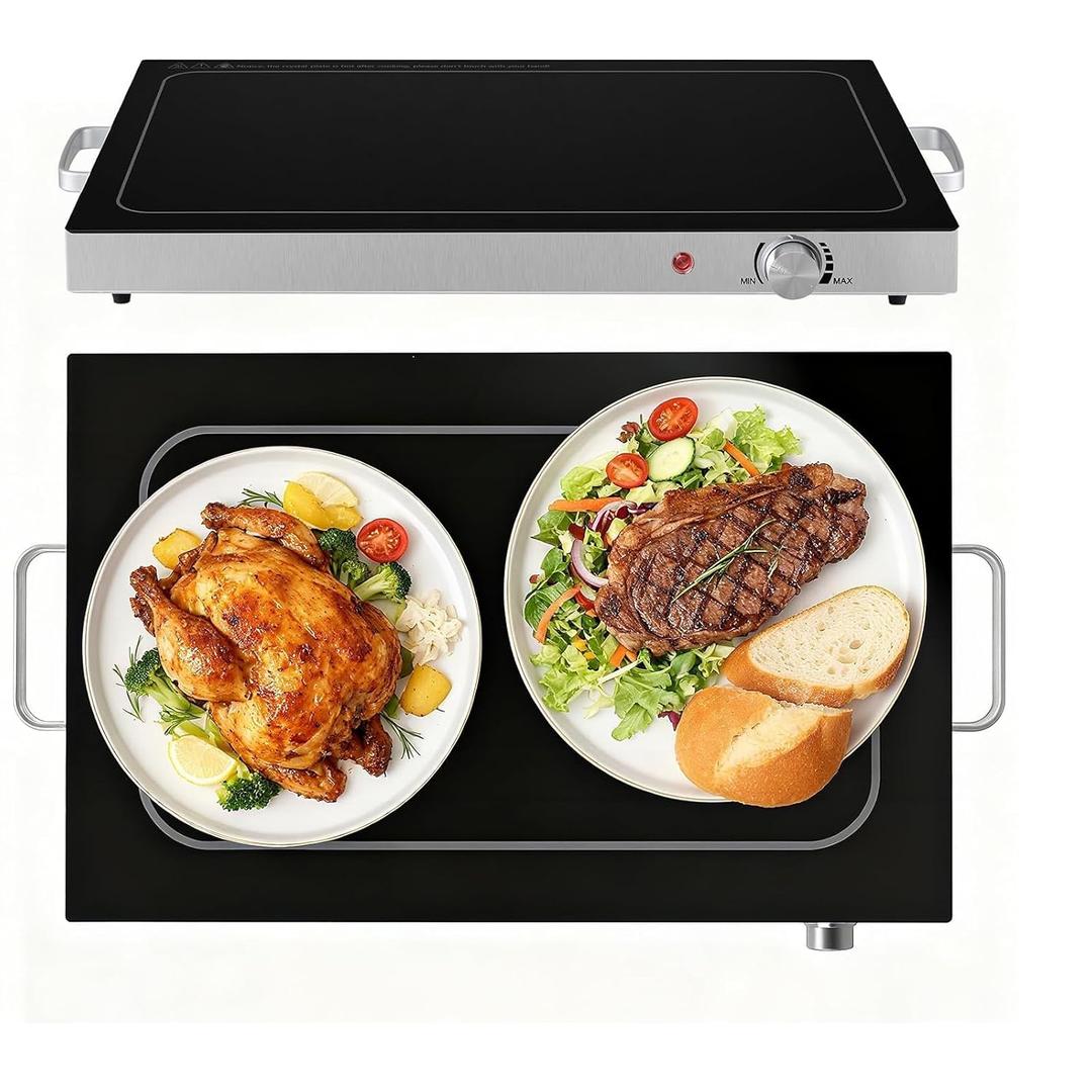 OLIXIS Electric Warming Tray 25" x 15", Full Glass-Top Food Warmer with Adjustable Temperature Control, Food Warming Mat for Buffet, Sabbath, Holiday Parties and Daily Dining, Black