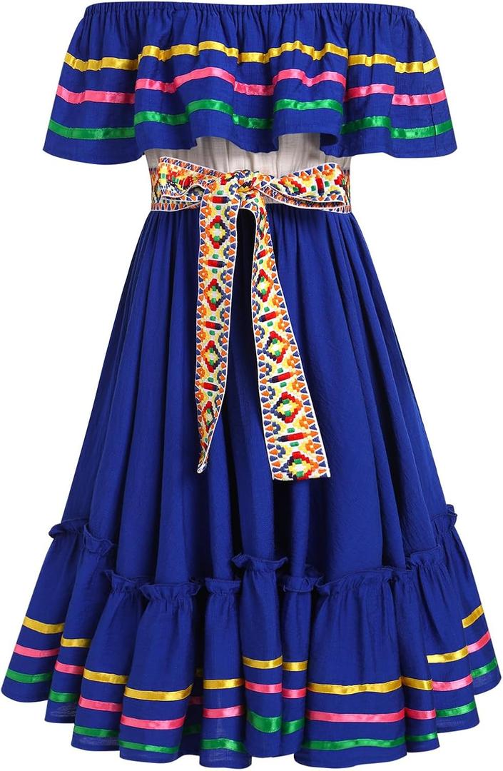 Mexican Dress for Girls Floral Embroidered Traditional Mexican Folklorico Dress Toddler Cinco de Mayo Fiesta Party Dresses (Blue, 7-8 Y)