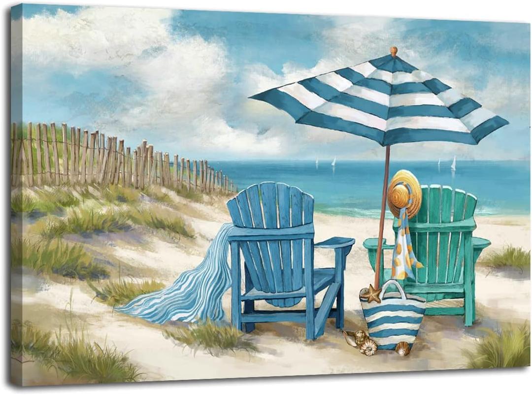LAIART Blue Ocean Canvas Wall Art Decor Beach Chair Picture PrintsRelaxing Seascape Artwork (24L" x 16W")