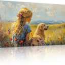 SERIMINO Portrait Landscape Wall Art, Lady and Dog Large Wall Decor, Animal Golden Retriever Cute Canvas Prints, Meadow Wildflowers Rustic House Decorations Living Room Bedroom Bathroom 20"X40"