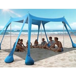 Rengue Beach Tent, Beach Canopy UPF50+ UV Protection, 10x10ft Beach Shade Sun Shelter with 8 Sandbags, Sand Shovels, Ground Pegs, Stability Poles for Camping, Fishing, Picnic, Backyard Fun, Royal Blue