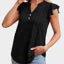 OFEEFAN Summer Tops for Women Button Down Blouses for Women Dressy Casual V Neck T Shirts Ruffle Sleeve (Black, M)