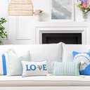 Hofdeco Premium Coastal Patio Indoor Outdoor Lumbar Pillow Cover Only, 12"x20" Water Repellent for Backyard, Couch, Cornflower Blue Stripe Fringe