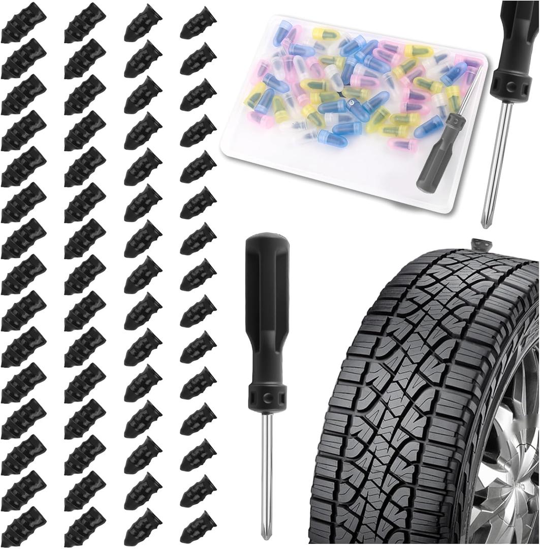 Junecarp New 60PCS Car Tire Repair Rubber Nail Kit,Self-Service Tire Repair Screws Kit with 4 Sizes of Screw in Tires Plugs & Screwdriver,Portable Car Tires Plugs Screw Type