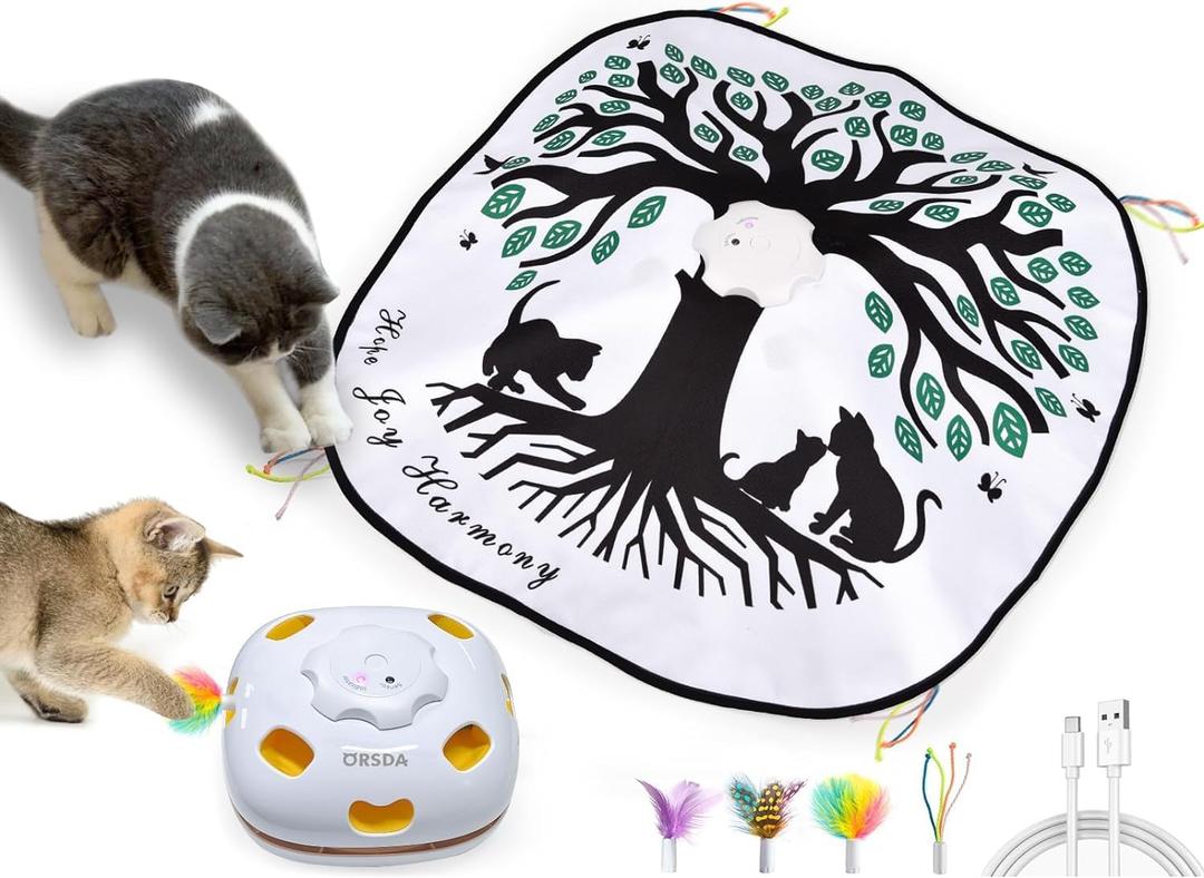 ORSDA Cat Toys for Indoor Cats 4 in 1 Interactive Automatic Cat Toys for Bored Indoor Adult Cats Kitten Toy Rechargeable 8 Hole Mice Whack-A-Mole, Hide and Seek, Moving Feather, 5PCS DIY Replacement (Tree of Life)
