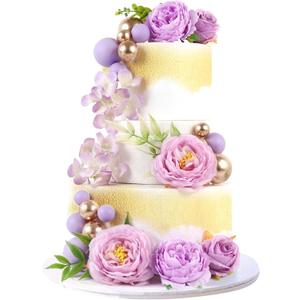 Ercadio 30Pcs Purple Artificial Flowers Balls Cake Decorations 3D Flowers with Artificial Leaves Cake Toppers for Purple Birthday Wedding Anniversary Mother's Day Party Cake Decor Supplies
