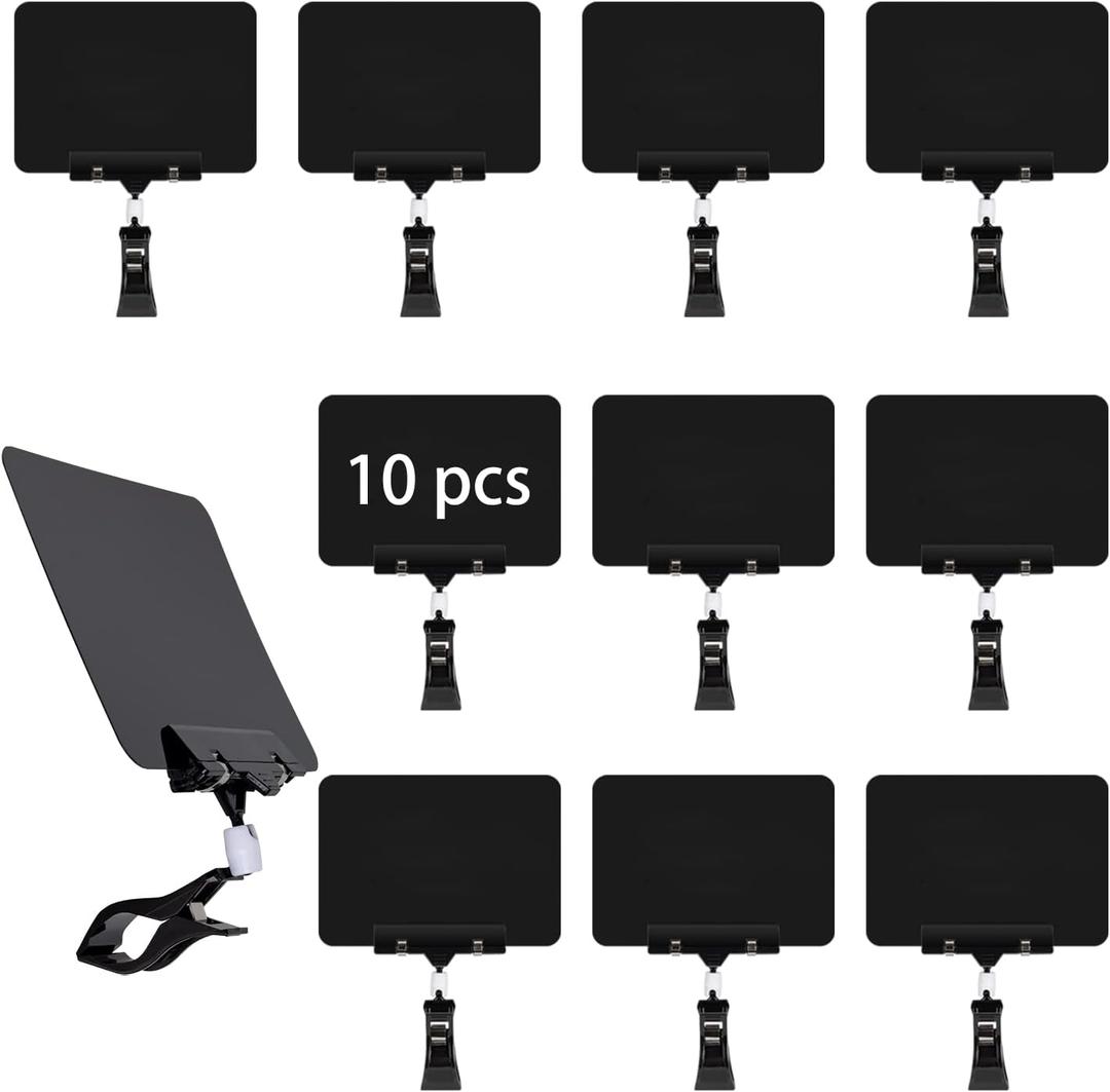 10 Pack Mini Plastic Chalkboard Sign with Clip, Double Head Rotating Display Price Tags Merchandise Sign Clip Holder for Business Retail Food Clothing Rack Shelf Basket Sign Display (Black)