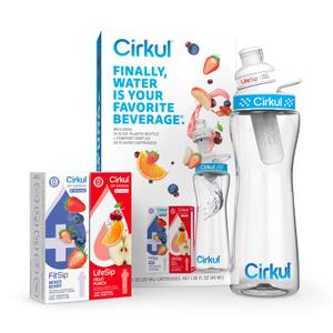 Cirkul 22oz. BPA-Free Plastic Water Bottle Starter Kit with Blue Lid, 2 Flavor Cartridges (1 LifeSip Fruit Punch, 1 FitSip Mixed Berry) Zero Calories and No Sugar (22 Ounce Bottle + 2 Cartridges)