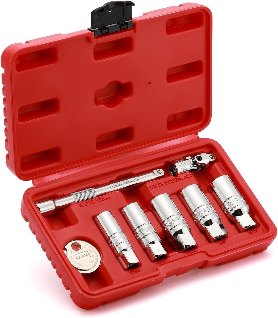 8-Piece 3/8 Inch Drive Spark Plug Socket Set with Spark Plug Gapper, Universal Joint and Extension Bar, SAE & Metric, 5/8-inch, 3/4-inch, 13/16-inch, 14mm, 18mm, CR-V Steel Sockets with Rubber