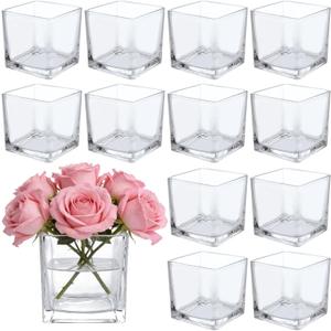 12 Pack 3 x 3 x 3 Inch Square Glass Vases, Clear Square Vases for Centerpieces, Glass Cube Flower Vases Short Vases for Candle Holder Events Wedding Party Home Decoration