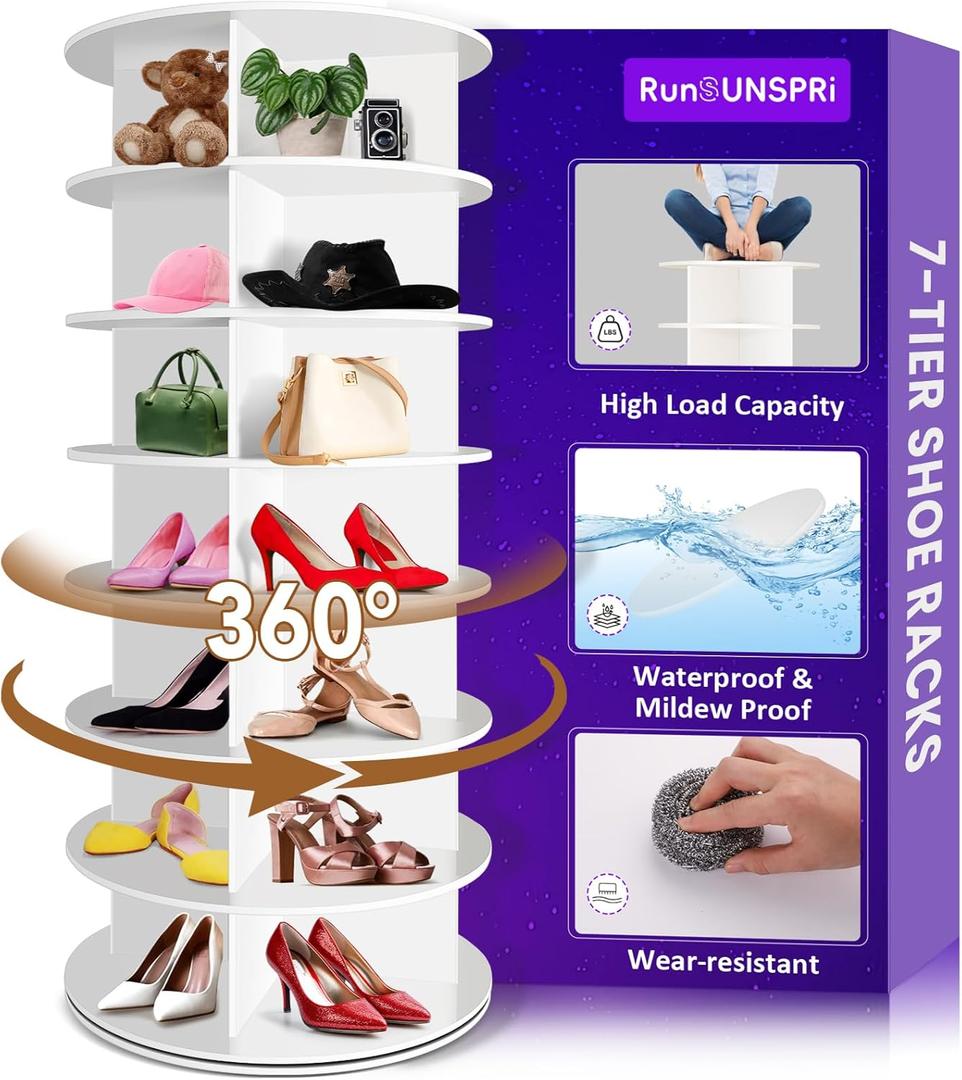 7 Tier Rotating Shoe Rack, 360 Revolving Shoe Organizer, Multifunctional Storage Shoe Rack Tower, Spinning Shoes Carousel Display Lazy Susan, White