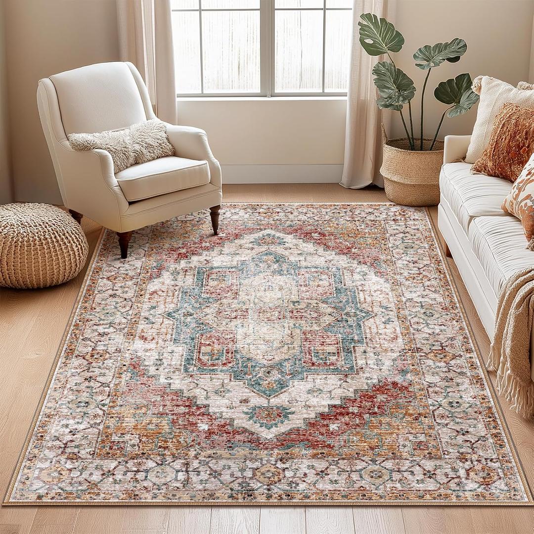 Washable 4x6 Area Rugs, Rugs for Living Room, Low-Pile Water&Stain Resistant Carpet Vintage Distressed Printed Non-Slip Carpet for Bedroom Bathroom Kitchen-Yellow/Brown