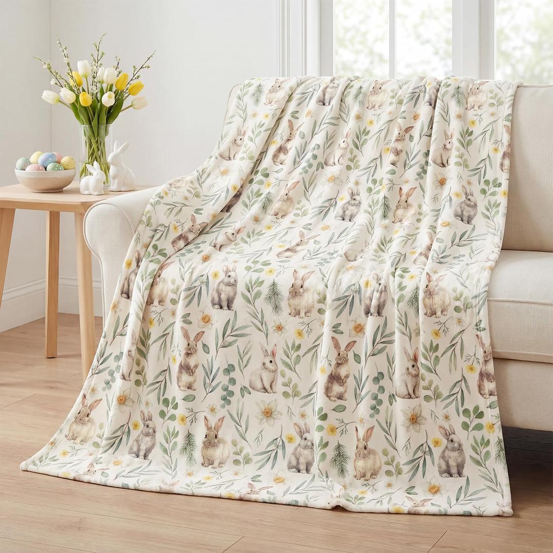Horaldaily Easter Flannel Blanket Throw, Easter Eggs Bunny Rabbits Plaid Leaves Flowers Soft Fuzzy Plush Cozy Fleece Blankets for Couch Sofa Bed Lounging, Ideal Gifts for Kids Adults Self, 60x80 (Beige)