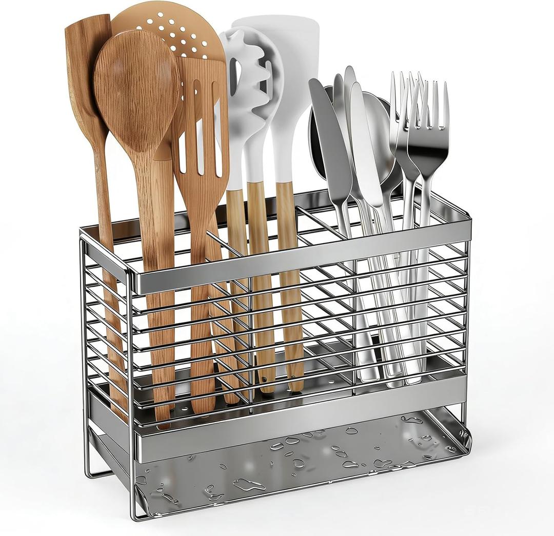 Utensil Holder, Upgrade Stainless Steel Utensil Drying Rack with Automatic Drain Tray for Kitchen Counter, Silverware Cutlery Organizer for Spoons, Forks, Knifes, Chopsticks (Silver)