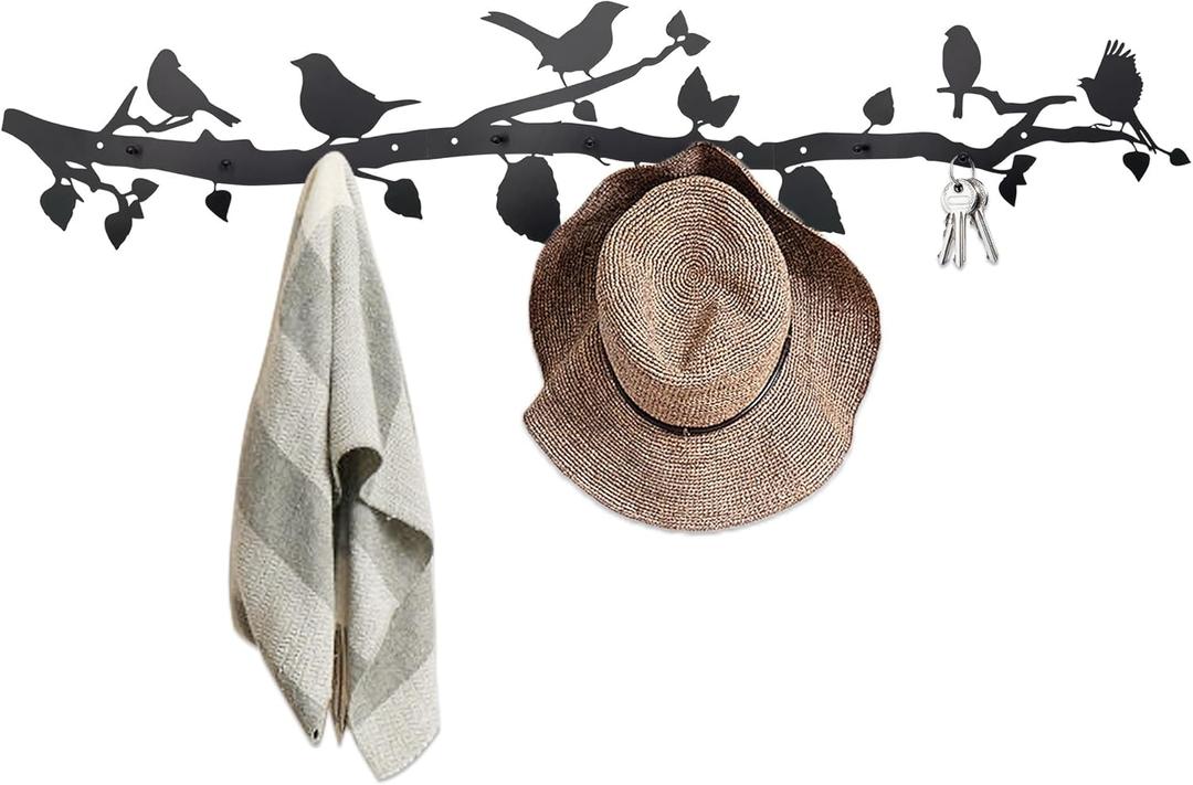 Tree Branch Wall Mounted Coat Rack with Hooks, Decorative Key Hanger, Bird Wall Decor