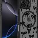 for iPhone 16 Pro Case, Black Cute Ribbon Bow Pattern Print Magnetic Case [Compatible with MagSafe] [Translucent Matte] Slim Shockproof Protective Bowknot Women Girls Phone Case 6.3"