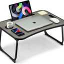 Foldable Lap Desk, Laptop Bed Desk, Portable Lap Table, Laptop Bed Table with Cup Holder & Tablet Slot & Lifting Handle for Working Writing Drawing & Eating - Gray Wood