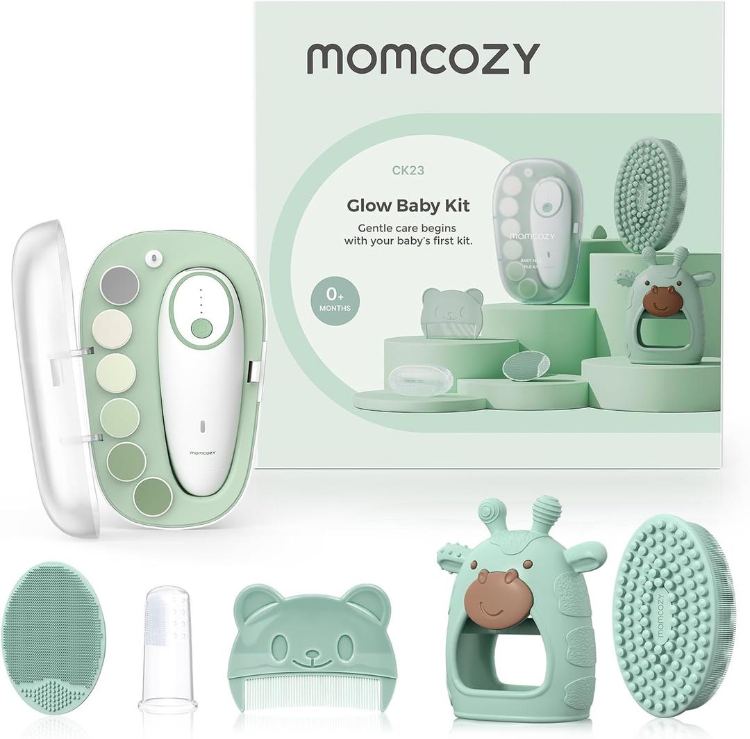 Momcozy Baby Kit, Baby Shower & Registry Essential Kit for Grooming & Cleansing Care, Includes Electric Nail File, Teether, Bath Brush, Cradle Cap Brush,Comb, Finger Toothbrush,Newborn Must-Have