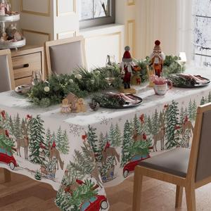 XCHI Winter Pine Trees Car Deer Christmas Tablecloth Rectangle Winter Table Cloth Washable Table Covers for Indoor Dining Home Party Xmas Decorations 60x84 Inch