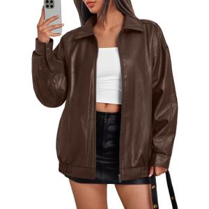 Trendy Queen Womens Leather Jacket, Oversized Going Out & Everyday Statement Piece, Bomber Jacktes Moto Coat (Brown, XS)