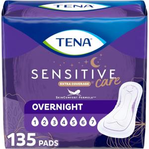 TENA Sensitive Care Incontinence Pads, Bladder Control, Postpartum for Women, Overnight Absorbency, Extra Coverage, 135 Count
