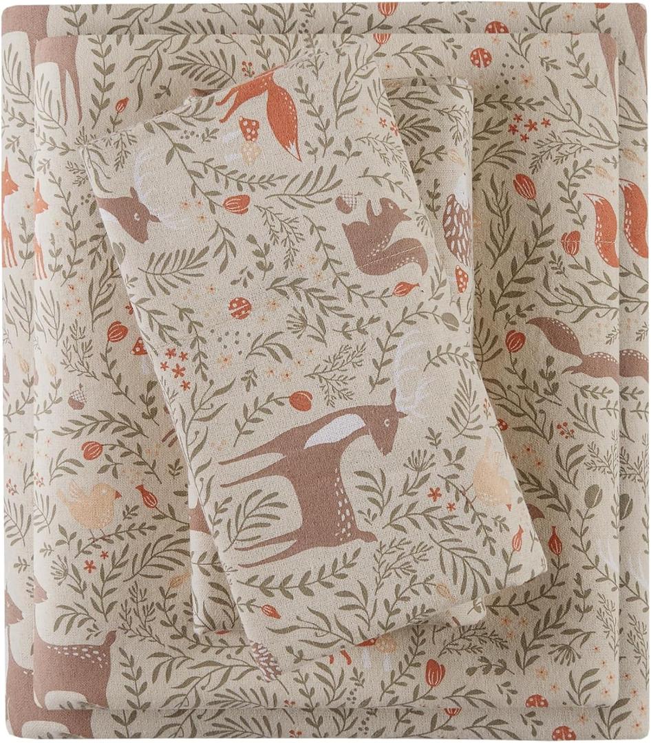 Comfort Spaces Cotton Flannel Sheets Twin Size, Ultra Soft Flannel Sheet Set with 12" Elastic Pocket Fits up to 14" Mattress, Novelty Print Warm Flannel Bedding, Taupe Woodland Forest 3 Piece