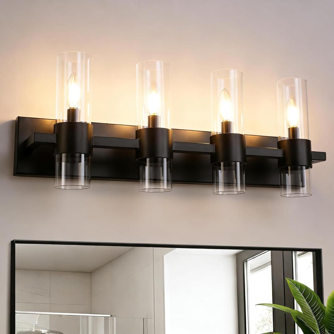 Bathroom Light Fixtures, 4-Light Vanity Lights with Clear Glass Shades, Matte Black Bathroom Light Fixtures Over Mirror, 27.5'' Modern Wall lamp for Mirror Living Room Cabinet Bedroom